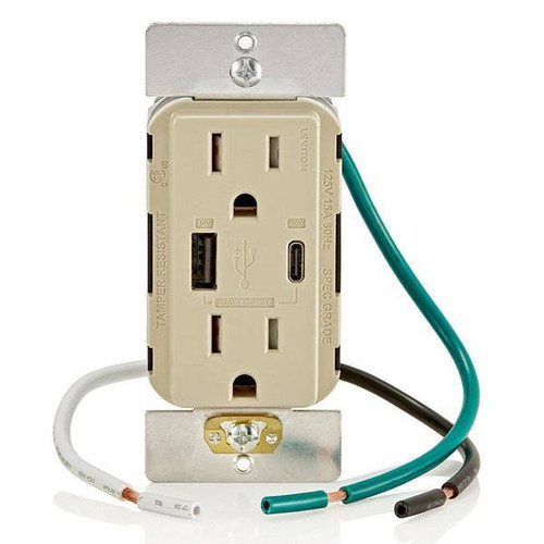Leviton 15a Decora Tamper-Resistant Receptacle With 60w Dual USB Type A/C, Ivory