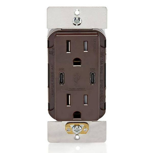 Leviton 15a Decora Tamper-Resistant Receptacle With 60w Dual USB Type C/C, Brown