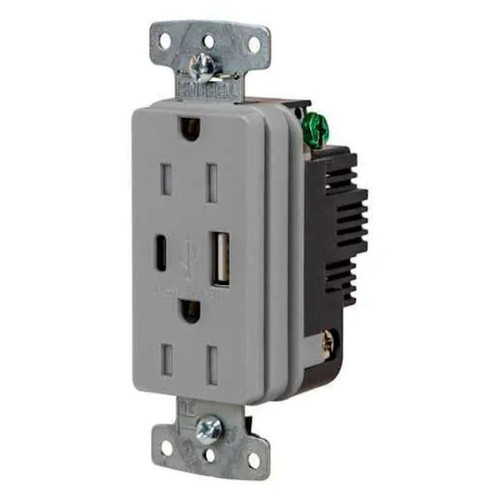 Hubbell PRO 15 Amp USB Duplex Receptacle, Type A / C, Gray, Package Of 10