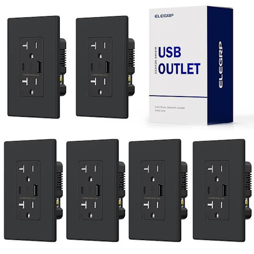 Elegrp 21w Type A & Type C USB Outlet, 20 Amp, Black, Package Of 6