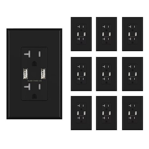 Elegrp 4a Dual Type A USB With 20a Duplex Outlet, Black, Package Of 10