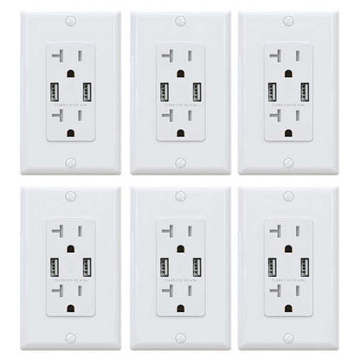 Elegrp 4a Dual USB With 20a Duplex Outlet, Smart Chip White Package Of 6