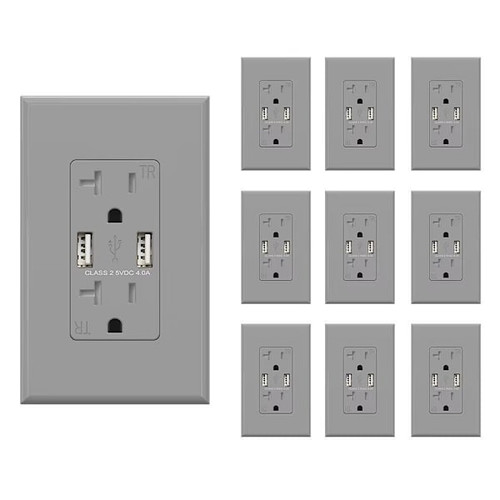 Elegrp 4a Dual Type A USB With 20a Duplex Outlet, Gray, Package Of 10