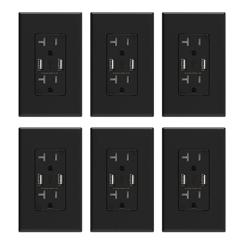 Elegrp 4a Dual Type A USB With 20a Duplex Outlet, Black, Package Of 6