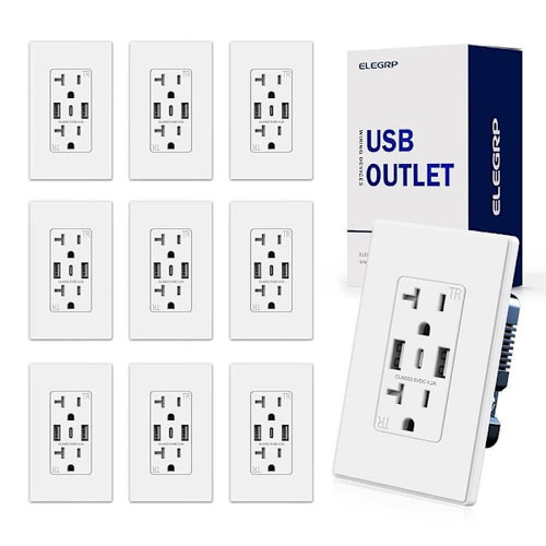 Elegrp 21w Dual Type A & Type C USB Outlet, 20 Amp, White Package Of 10
