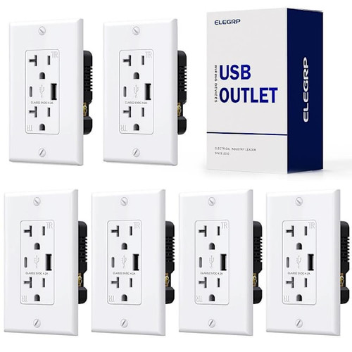 Elegrp 21 Watt Type A & Type C USB Outlet, 15 Amp, White, Package Of 6