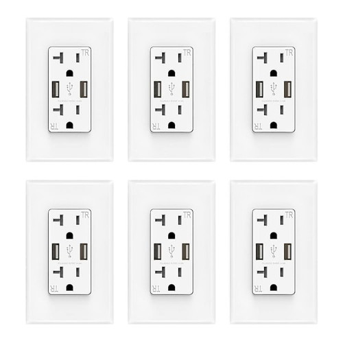 Elegrp 4a Dual Type A USB With 20a Duplex Outlet, White, Package Of 6