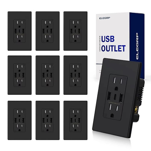 Elegrp 21w Dual Type A & Type C USB Outlet, 15 Amp, Black Package Of 10
