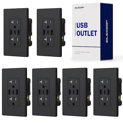 Elegrp 21w Dual Type A & Type C USB Outlet, 20 Amp, Black, Package Of 6