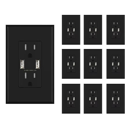 Elegrp 4a Dual Type A USB With 15a Duplex Outlet, Black, Package Of 10