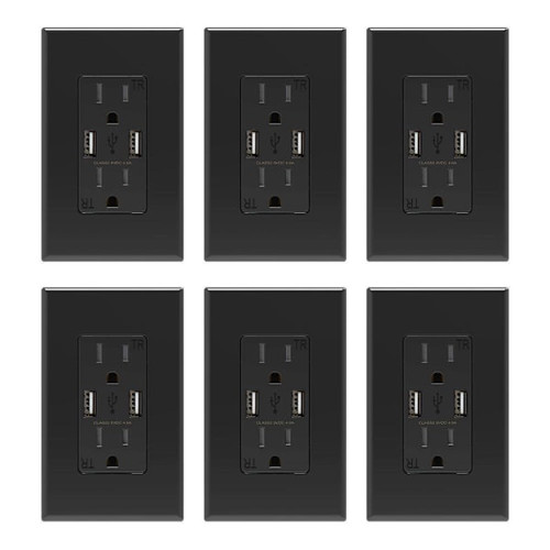 Elegrp 4a Dual Type A USB With 15a Duplex Outlet, Black, Package Of 6