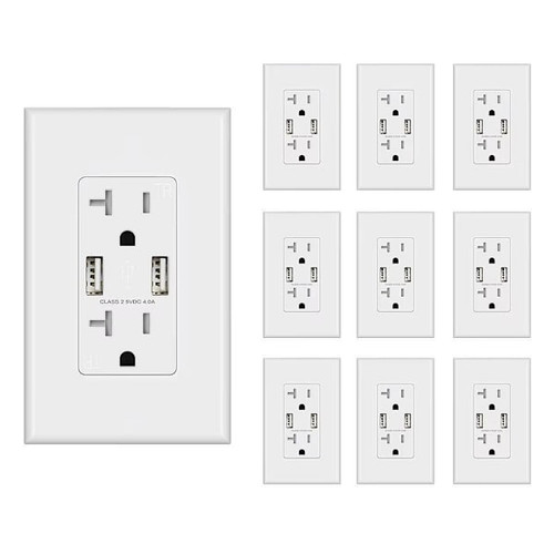 Elegrp 4a Dual Type A USB With 20a Duplex Outlet, White, Package Of 10