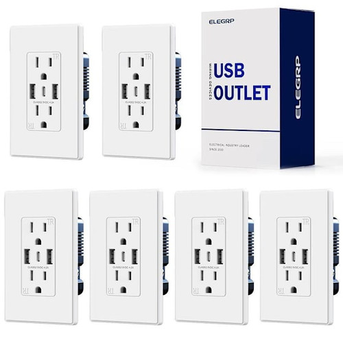 Elegrp 21w Dual Type A & Type C USB Outlet, 15 Amp, White, Package Of 6