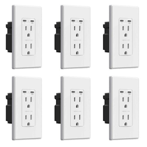 Elegrp 130w Dual Type C USB Wall Outlet, Ul Listed, White Package Of 6