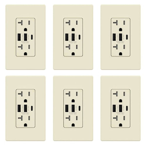 Elegrp 30w 6.0 Amp 3-Port USB Wall Outlet, Matte Almond Package Of 6