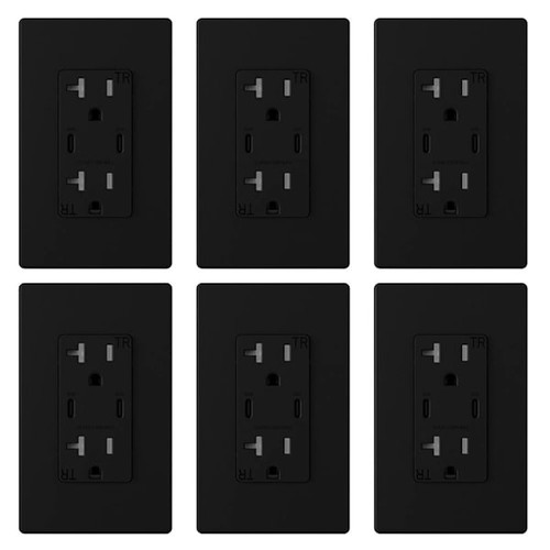 Elegrp 60w Dual Type C USB Wall Outlet, Wall Plate Ul Listed, Black Package Of 6