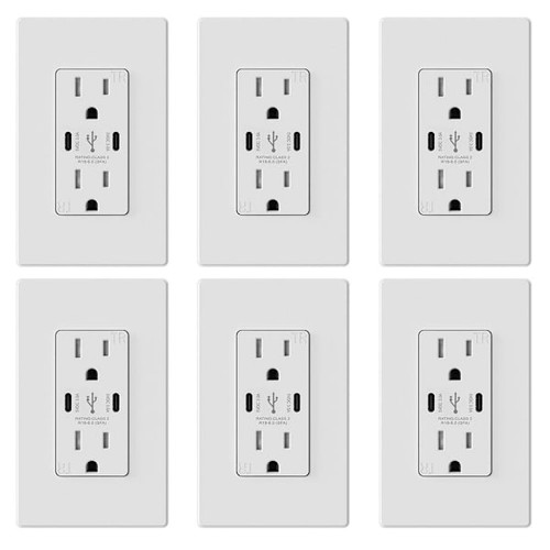Elegrp 3-Port USB Wall Outlet, 15a Duplex Receptacle, Matte White Package Of 6