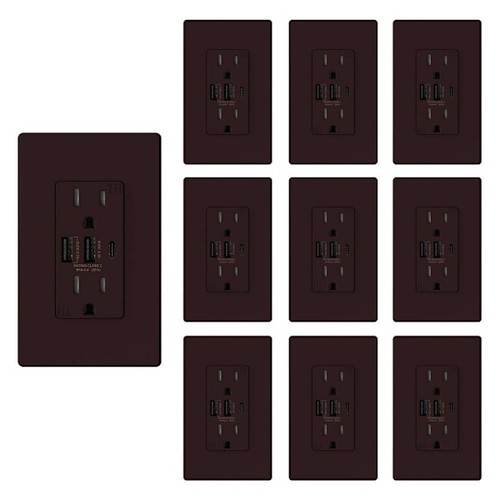 Elegrp 30w 3port USB Wall Outlet 15a Duplex Receptacle Matte Brown Package Of 10