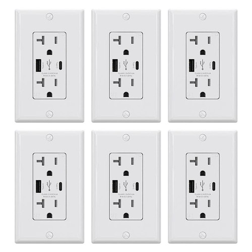 Elegrp 25w Type A & Type C USB Outlet, 20a Duplex Receptacle, White Package Of 6