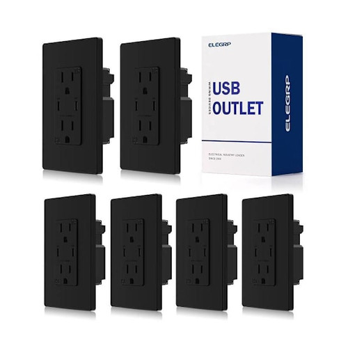 Elegrp 60w Dual Type C USB Wall Outlet, Wall Plate Included, Black Package Of 6