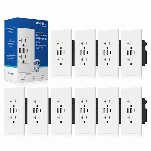 Elegrp 3-Port USB Wall Outlet, Type A & C Ports, Matte White Package Of 10