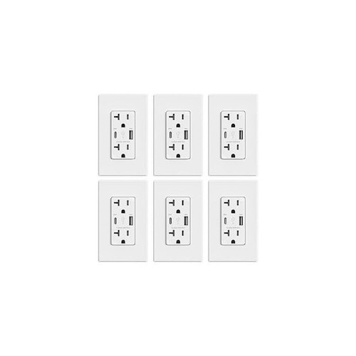 Elegrp 38w Type A & C USB Wall Outlet 20a Receptacle, White Package Of 6