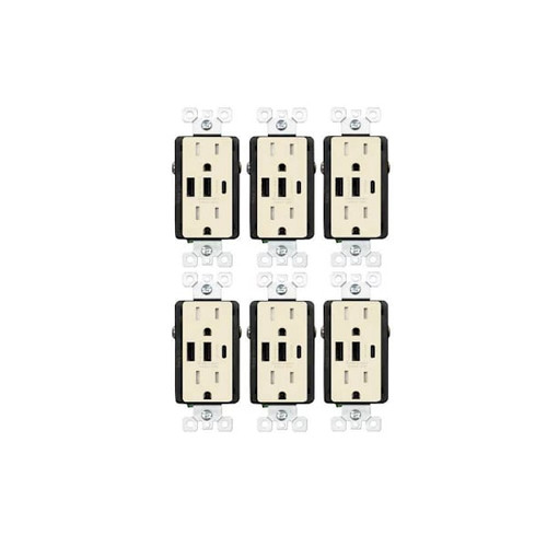 Elegrp 30w 3-Port USB Wall Outlet Dual Type A&c Ports Matte Almond Package Of 6