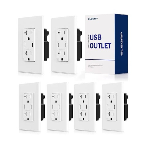 Elegrp 60w Dual Type-C USB Wall Outlet, 20a Receptacle, White, Package Of 6