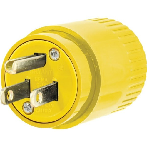 Hubbell Grounding Clamptite Plug, 125 Vac, 15 A, 2 Poles, 3 Wires, Yellow