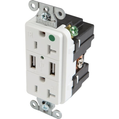 Hubbell 20 Amp 125 Volt Hospital-Grade Duplex Standard Outlet W/ Type A Usb Charger (White)