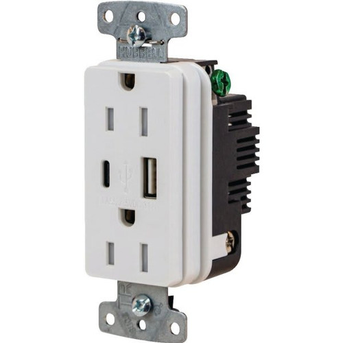 Hubbell 15 Amp 125 Volt Decorator Duplex Standard Outlet W/ Type A And Type C USB Chargers, White