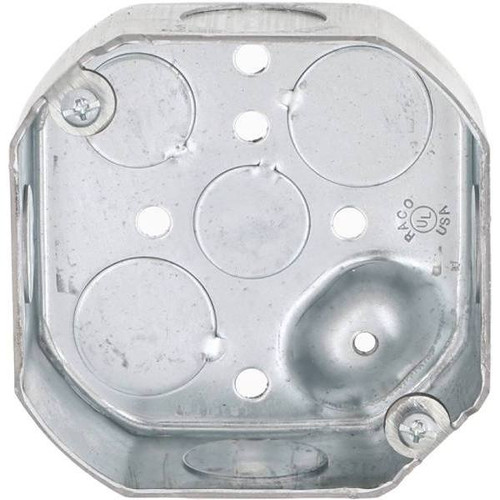 Raco Steel Metallic Drawn Octagon Box With Four 1/2" And Four 3/4" Ko'S, 4" W X 1-1/2" D, Raised Ground