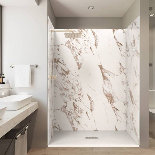 CASTICO 60"X32"X84" Alcove Solid Composite Stone Shower Kit Caramel Walls
