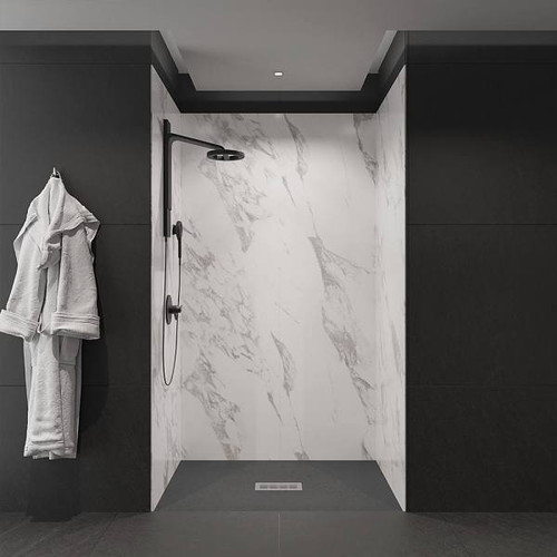 CASTICO 48"X34"X84" Alcove Solid Composite Stone Shower Kit Carrara Wall