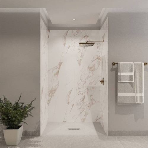 CASTICO 48"X34"X84" Solid Composite Stone Shower Kit Caramel Walls