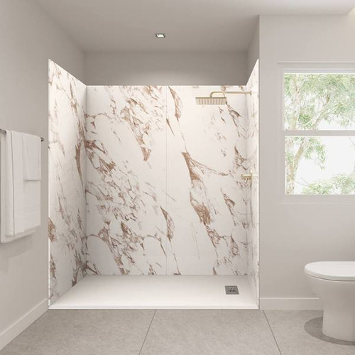 Castico 72x36x84" Solid Composite Stone Alcove Shower Kit Caramel Walls