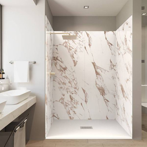 Castico 60x36x84" Solid Composite Stone Alcove Shower Kit Caramel Walls