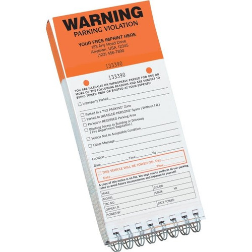 Parking Violation Tags, Tow Date Warning, Fluorescent Orange, Book Of 50