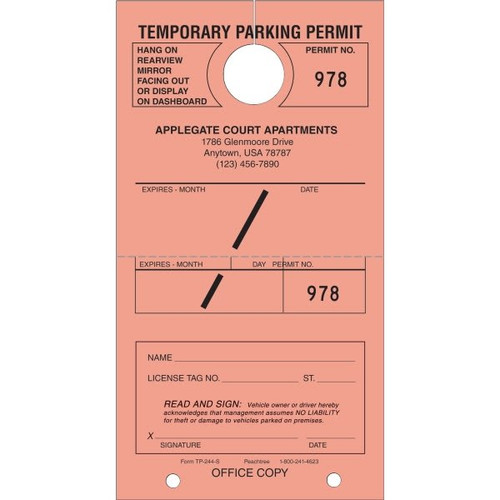 Personalized Temporary Parking Tags, Salmon, 4-1/4 X 7-3/4, Package Of 100