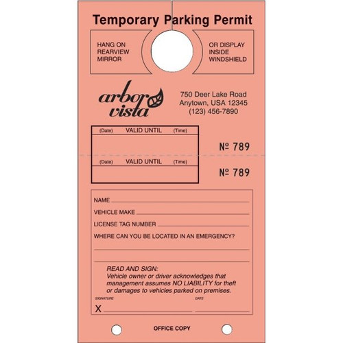 Temporary Parking Tag, Large Instructions, Salmon, 4-1/4x7-3/4, Package Of 100
