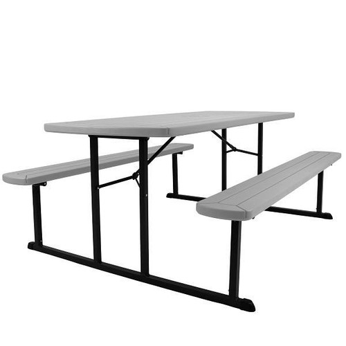 National Public Seating Blow Molded Picnic Table Light Speckled Grey Black Frame