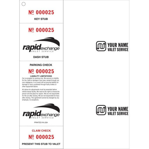 Personalized Valet Tickets, 4-Part, 2-1/2 X 8-1/2, Pack Of 500
