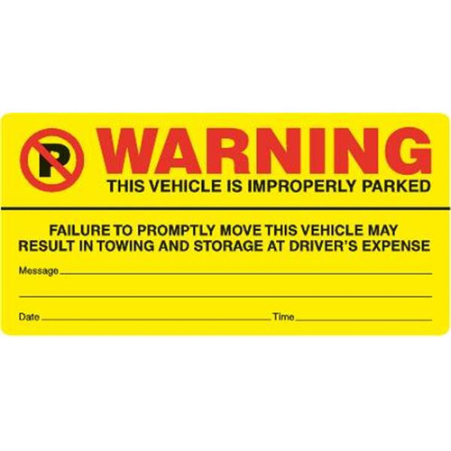 Warning Improper Park Parking Sticker, Bright Yellow, 6 X 3, Package Of 100