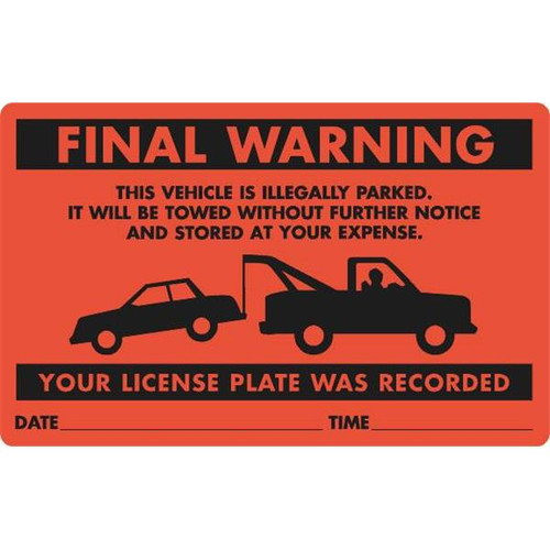 Parking Violation Sticker Final Tow Warning, Red, 8 X 5", Package Of 100