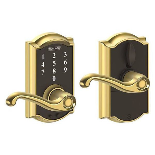 Schlage Camelot Style Touch Entry Flair Lever With Flex-Lock, Brass FE695 CAM 605 FLA
