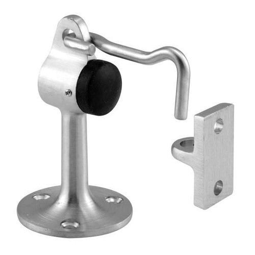 Sentry Dr Stop, 3-1/4in, Cast Brass, Brushed Chrm, Rubber Bumper, Hook/Keeper