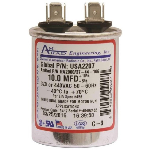 Amrad Engineering Usa2207 10 Mfd 370/440 Vac Round Motor Run Capacitor