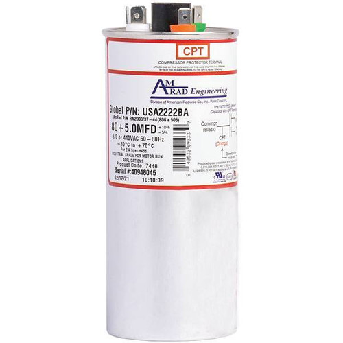 Amrad Engineering Round Motor Run Capacitor 80/5 Mfd 370/440 Vac