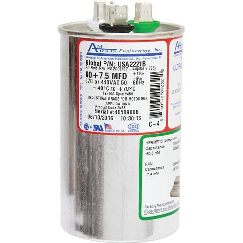 Amrad Engineering 60/7.5 MFD 370/440 VAC Round Motor Run Capacitor