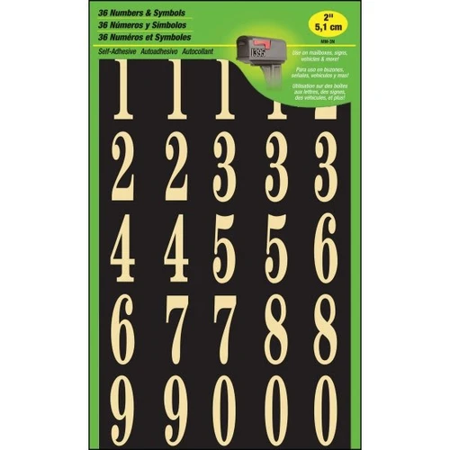 Hy-Ko 2" Vinyl/Mylar Black/Gold Numbers, 36 Individual Numbers, Package Of 10